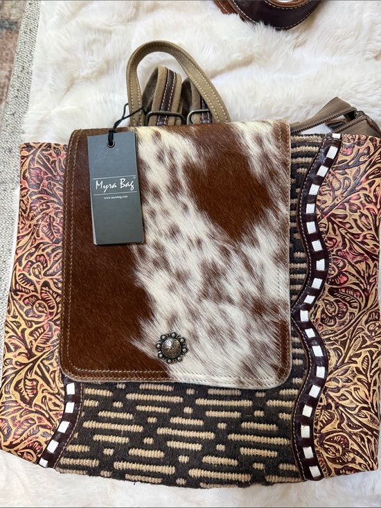 Myra Bag Handbags - Myra Bag Brown & White Haircalf Patchwork Backpack